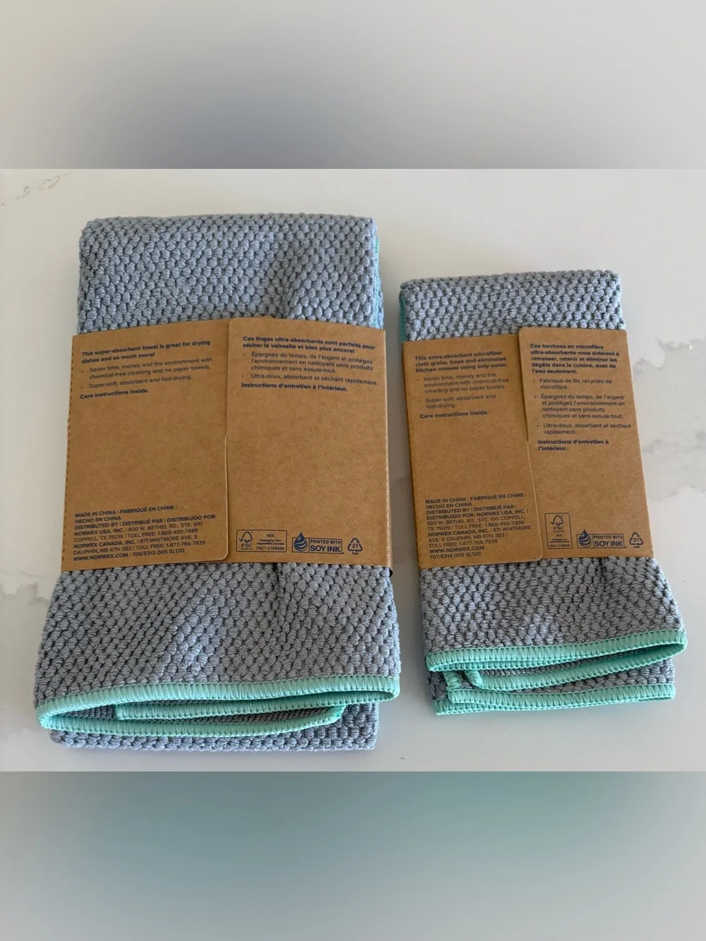 NORWEX KITCHEN TOWEL 25.59 x 13.78 & CLOTH 13.78 X 10.24 GRAY W/ AQUA SET NEW